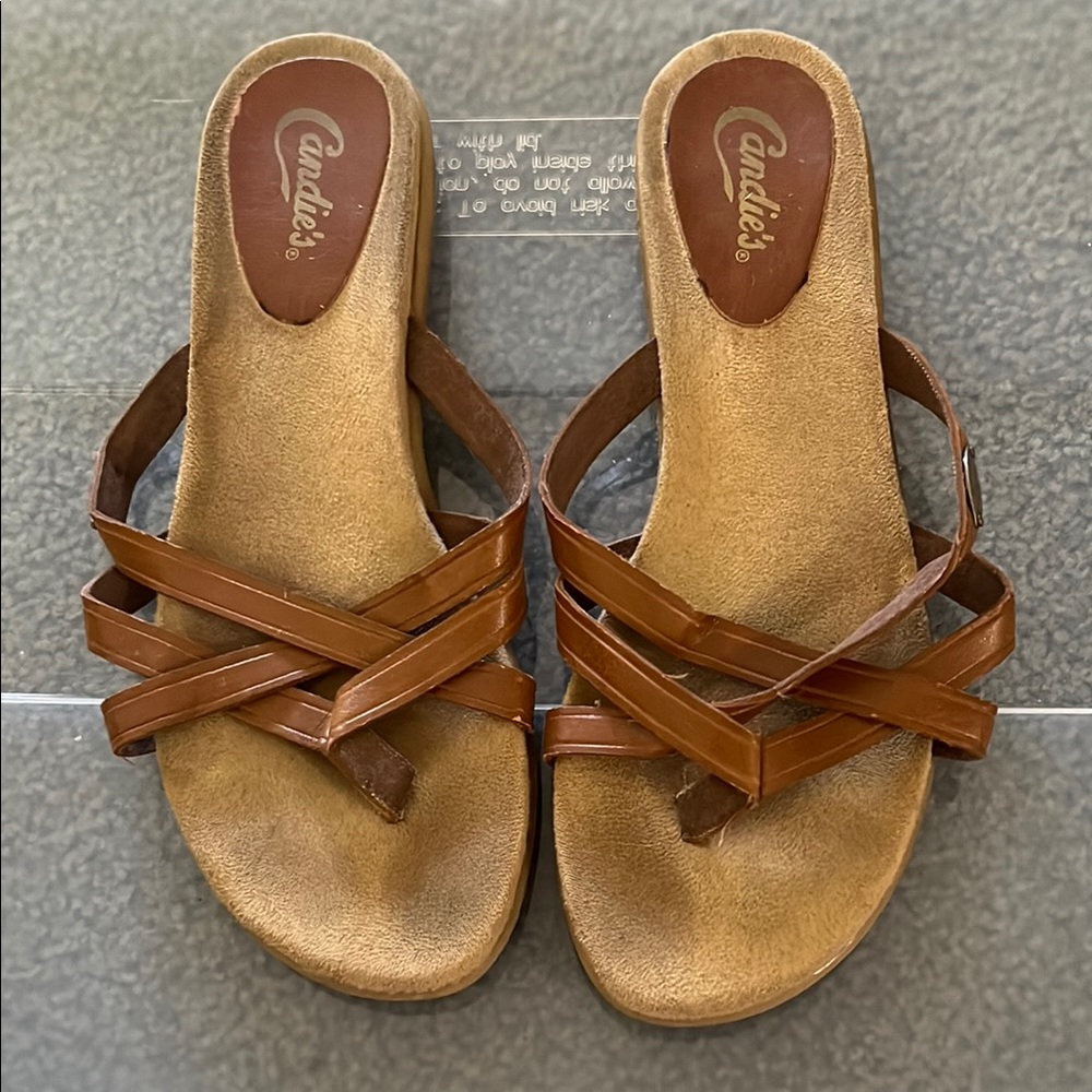 Candie's Brown Leather Sandals Slip-On Comfort